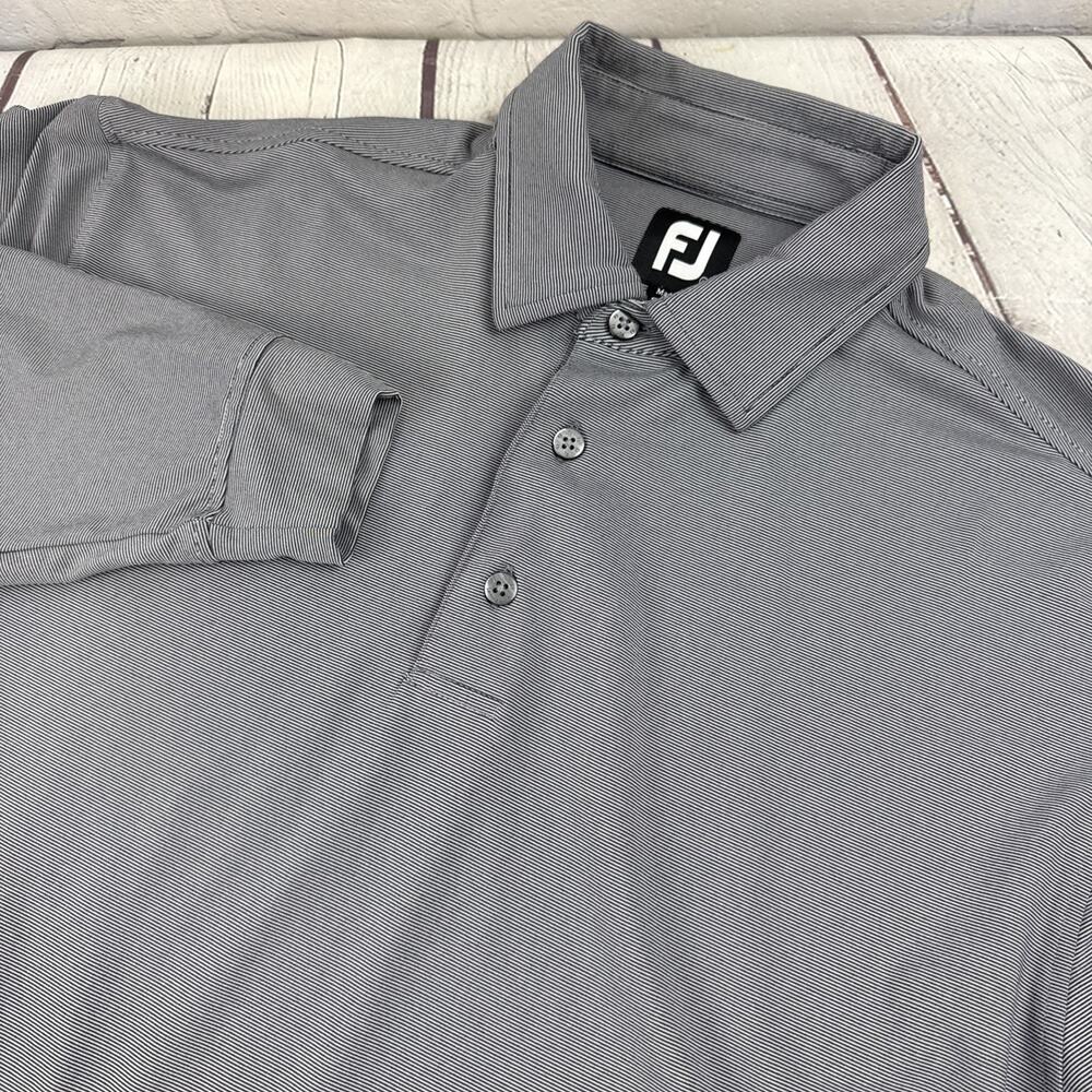 Footjoy Golf Polo Shirt Mens Large Gray Striped Long Sleeve Preppy Stretch FJ